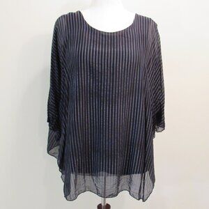 Tina Stephens Italy Blue/Black Striped Silk Overlay Flutter Sleeve Blouse
